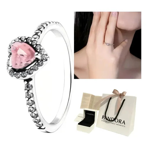 Anillo Sello con Corazón Rosa Color Plateado | Grado B