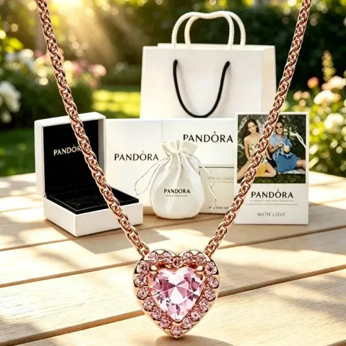 Collar Corazón Rosa con Circonitas y Kit de Regalo Color Dorado Rosa