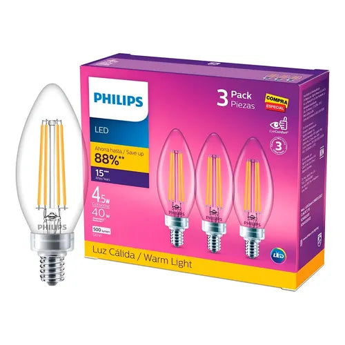 Philips LED Vela Luz Cálida 4.5W = 40W Base E14 3PACK | Grado B