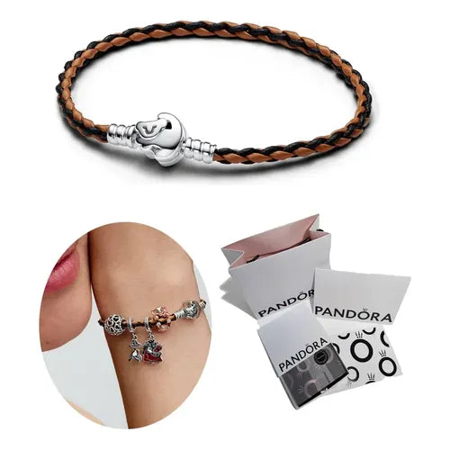Pulsera de Cuero Trenzado con Kit de Regalo Color Plateado | Grado B