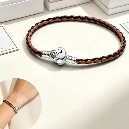 Pulsera de Cuero Trenzado con Kit de Regalo Color Plateado | Grado B