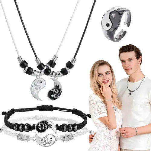 JUEGO DE COLLARES Y PULSERAS DE YIN YANG DRAGÓN PARA PAREJA NEGRO