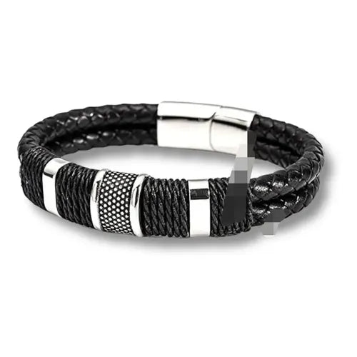 Juego de Pulseras de Piel Trenzada Doble 17.5 cm Color Negro