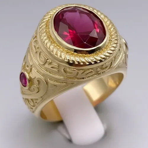 Anillo de Acero Inoxidable Dorado con Piedra Roja Diseño Octagonal | Grado B