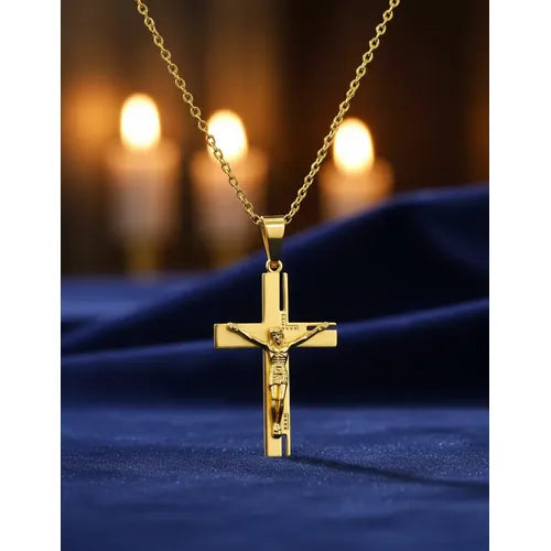 Collar con Cruz en Acero Inoxidable Dorado 50+5CM Cadena Ajustable Unisex | Grado B
