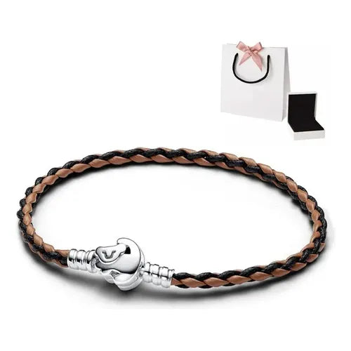 Pulsera de Cuero Trenzado con Kit de Regalo Color Plateado | Grado B