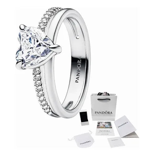 Anillo Doble Corazón Brillante con Caja de Regalo Color Plateado | Grado B