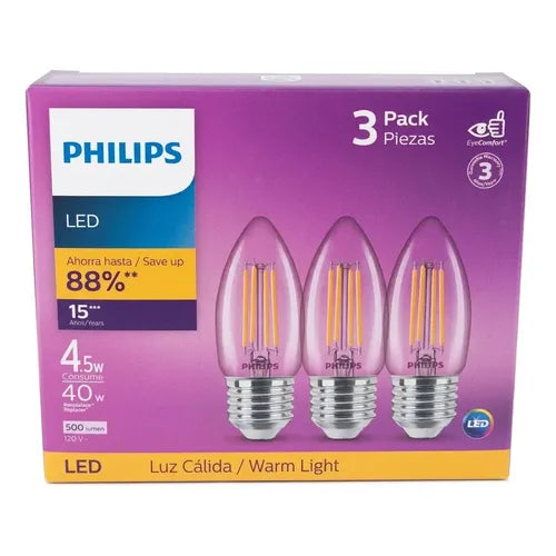 Philips LED Vela Luz Cálida 4.5W = 40W Base E14 3PACK | Grado B