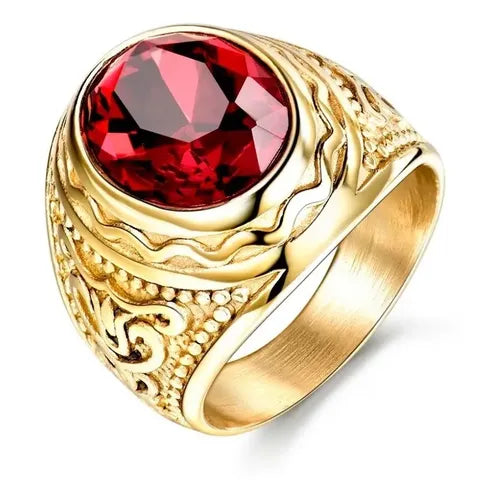 Anillo de Acero Inoxidable Dorado con Piedra Roja Diseño Octagonal | Grado B