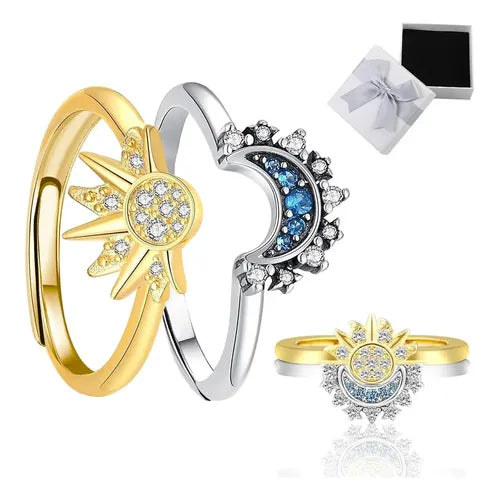 2 Piezas de Anillos Celestiales Apilables de Sol y Luna Color Plateado | Grado B