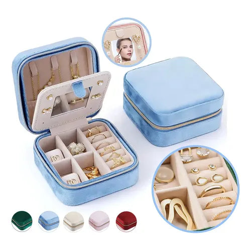 Joyero Organizador de Terciopelo Azul con Espejo para Anillos y Aretes | Grado B