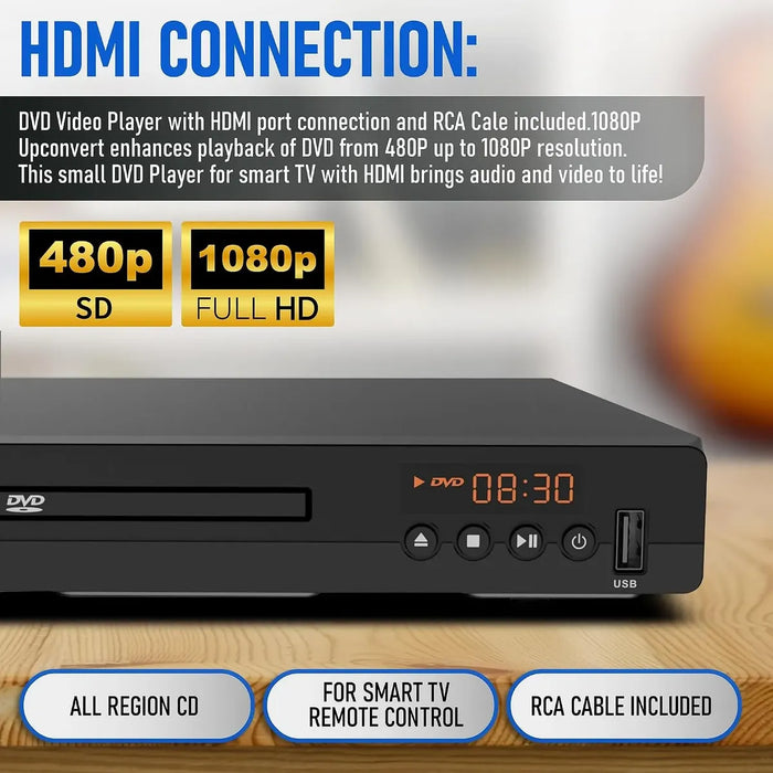 Philips DVD Players for TV with HDMI Port 1080P All Region HD DVD Player for Smart TV USB Input Remote Control Device, Mini DVD CD Player for Home Stereo System, HDMI and RCA Cable Included GRADO B