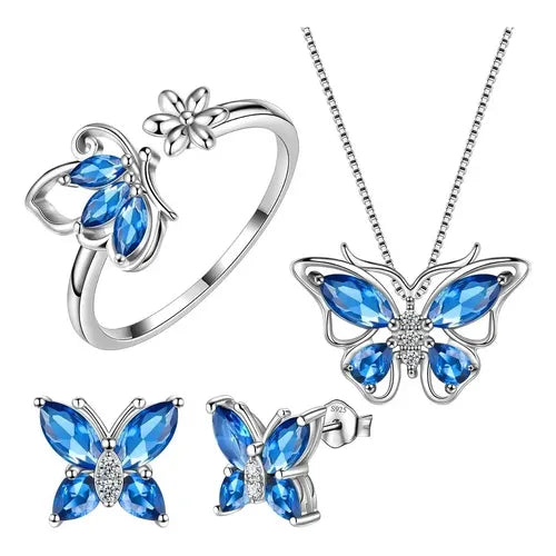 COLLAR CADENA MARIPOSA PENDIENTES ANILLO PURPURINA 3PCS