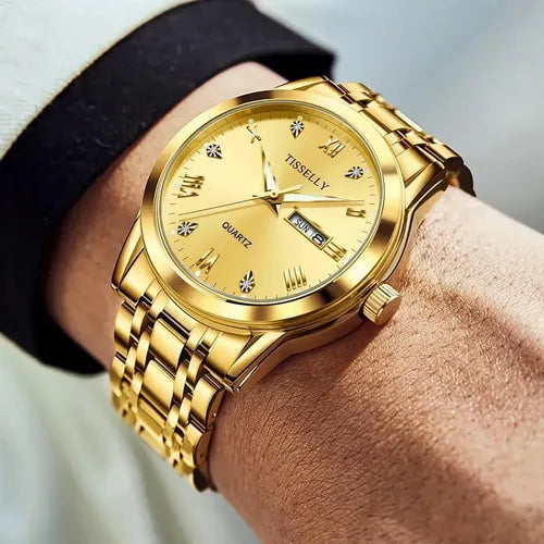RELOJ IMPERMEABLE PARA HOMBRE, DISEÑO EMPRESARIAL CLÁSICO, CON CORREA DORADO BISEL DORADO FONDO DORADO