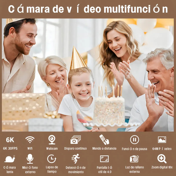Video Cámara AORZOO 6K 64MP Ultra HD con Wi-Fi 18x Zoom Digital Cámara Hd Wifi Video Cámara Estabilizador y Visión Nocturna Con Batería Micrófono Mando A Distancia
