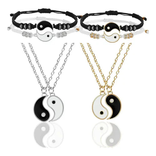 JUEGO DE COLLARES Y PULSERAS DE YIN YANG DRAGÓN PARA PAREJA NEGRO
