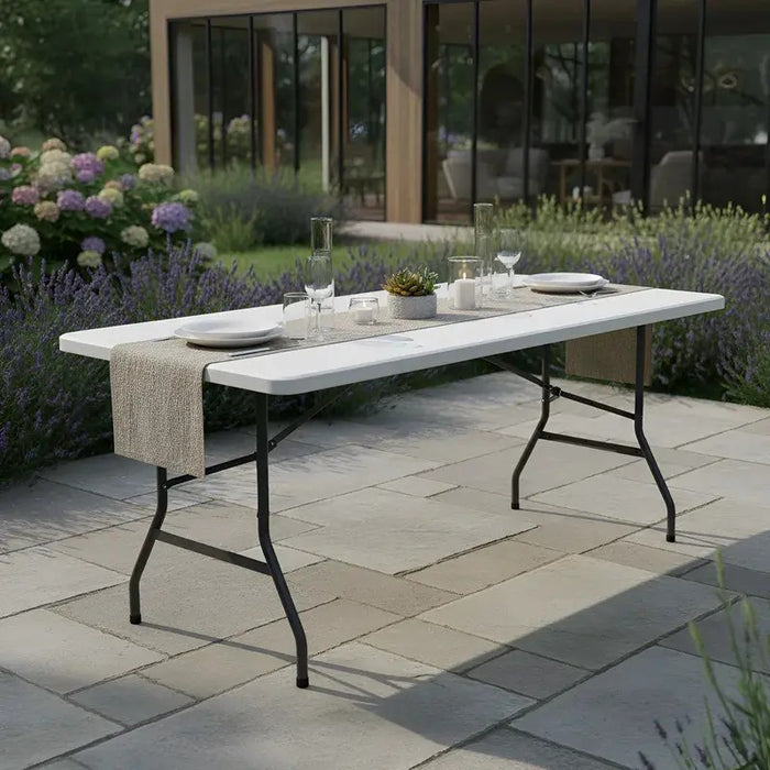 Mesa Plegable Tipo Portafolio STYRKA 180cm Blanca Multiusos GRADO B