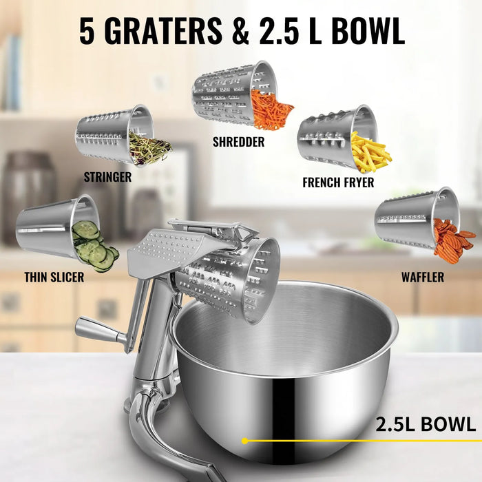 Rallador de Queso Rotatorio Manual Vevor (Trituradora Vegetal, Plateado) | Grado A
