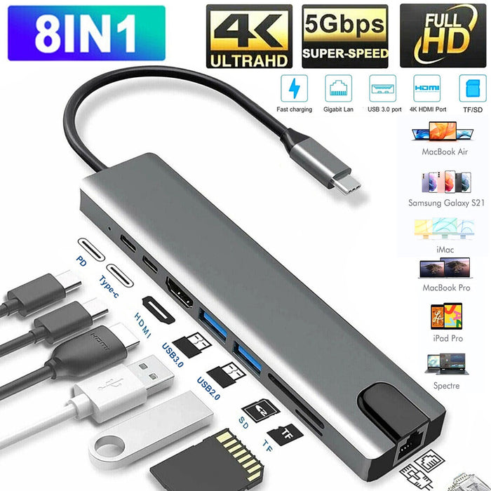Hub USB C 8 en 1 con HDMI 4K Lector SD y Carga PD 100W para MacBook | Grado B