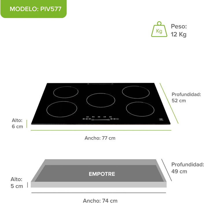 PARRILLA DE INDUCCIÓN 5 ZONAS 77CM 220 V 7621 W AVERA PIV577 NEGRO GRADO B