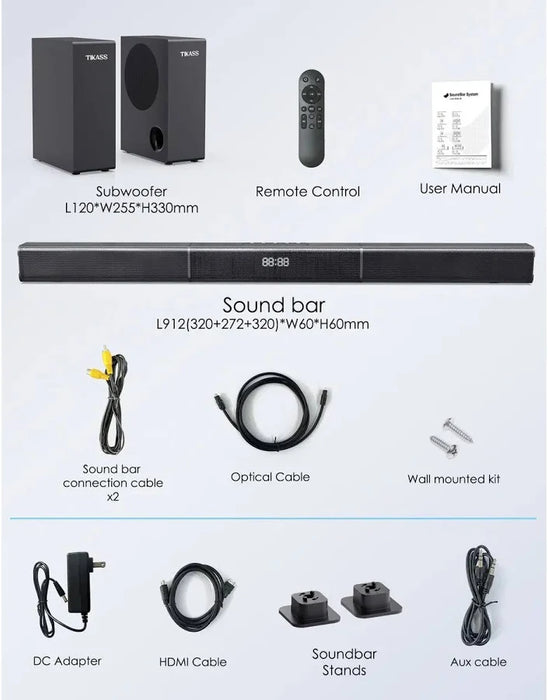 BARRA DE SONIDO CON SUBWOOFER 340W HOME THEATER 5.2 CANALES BOCINAS BLUETOOTH TEATRO EN CASA CON BLUETOOTH CON BAJO PROFUNDO Y AUMENTO DE VOLUMEN,AUX/HDMI (ARC)/USB/ÓPTICA/COAXIAL/BLUETOOTH NEGRO GRADO A